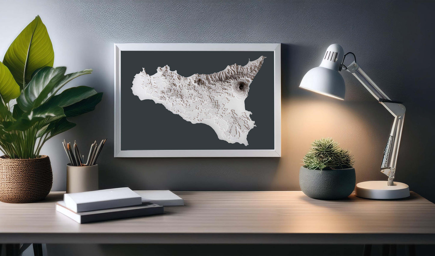 A 3D raised relief map of the island of Sicily, made from layered cardstock. The map is created in a greyscale colour palette illustrating the island’s topography.