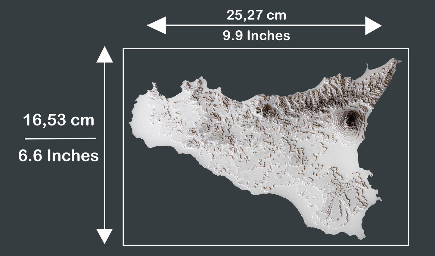 An image of the 3D raised relief map of the island of Sicily in Italy showing the detailed measurements. The width of the map itself is 25,27 centimetres (9.9 inches) and the height is 16,53cm (6.6 inches).