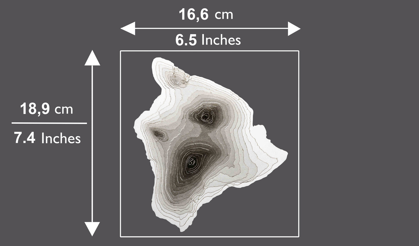 The Big Island of Hawaii is mounted on an anthracite grey (nearly black) cardstock in size A4 (slightly narrower and taller than Letter Size) but the island itself has a width of approximately 16,6 cm (6.5 Inches) and a height of approximately 18,9 cm (7.4 Inches).