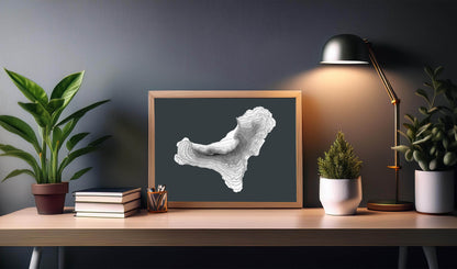 Textured raised relief map of El Hierro in the Canary Islands. The map is made of layered cardstock. Since it has been made with a monochromatic colour palette, it will look great on any coloured wall or in most frames and any home decoration style.