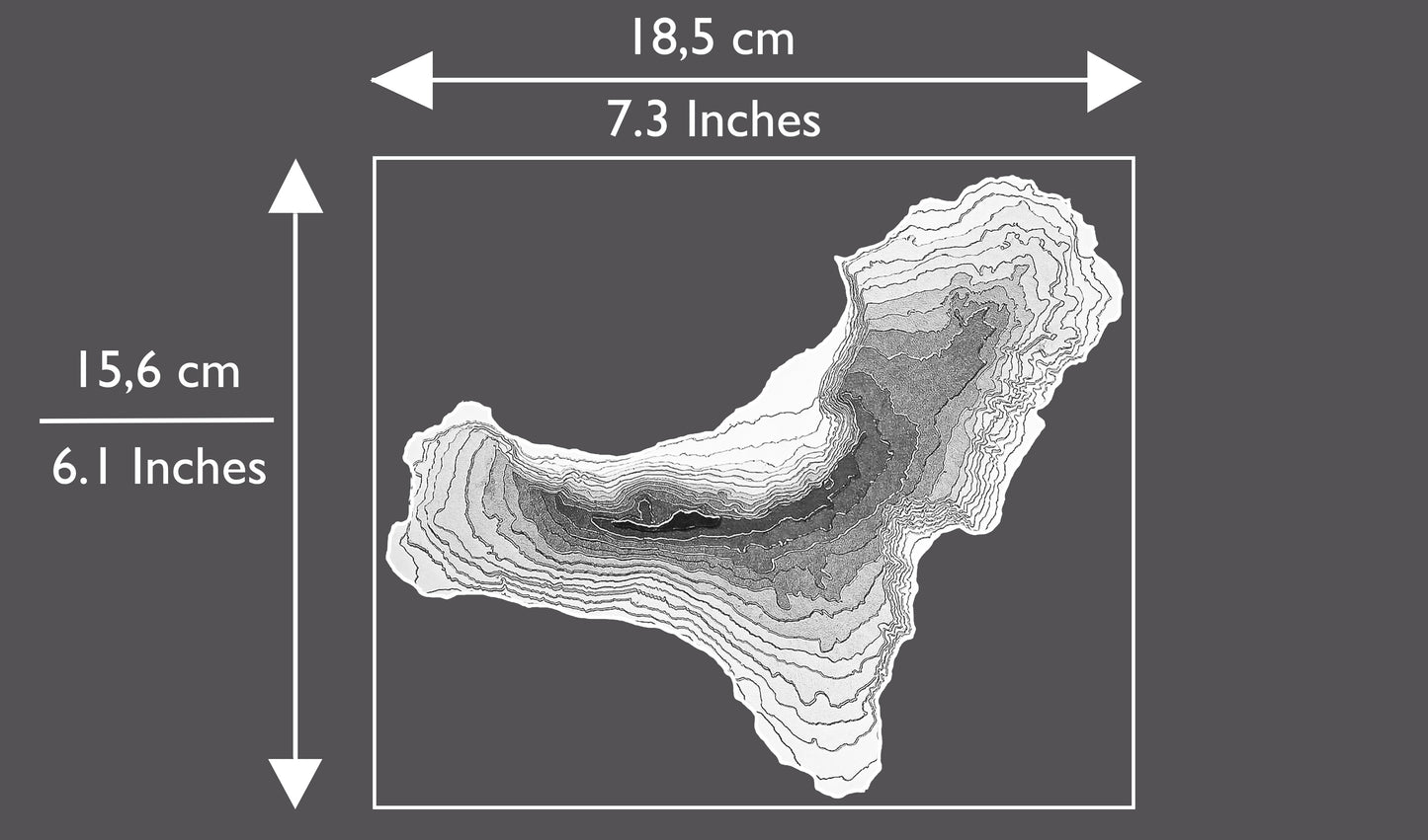 Our 3D map of El Hierro is glued on an A4 sized anthracite grey (nearly black) cardstock. The island itself has an approximate width of 18,5 cm (7.3 Inches) and an approximate height of 15,6 cm (6.1 Inches). The map has landscape orientation.