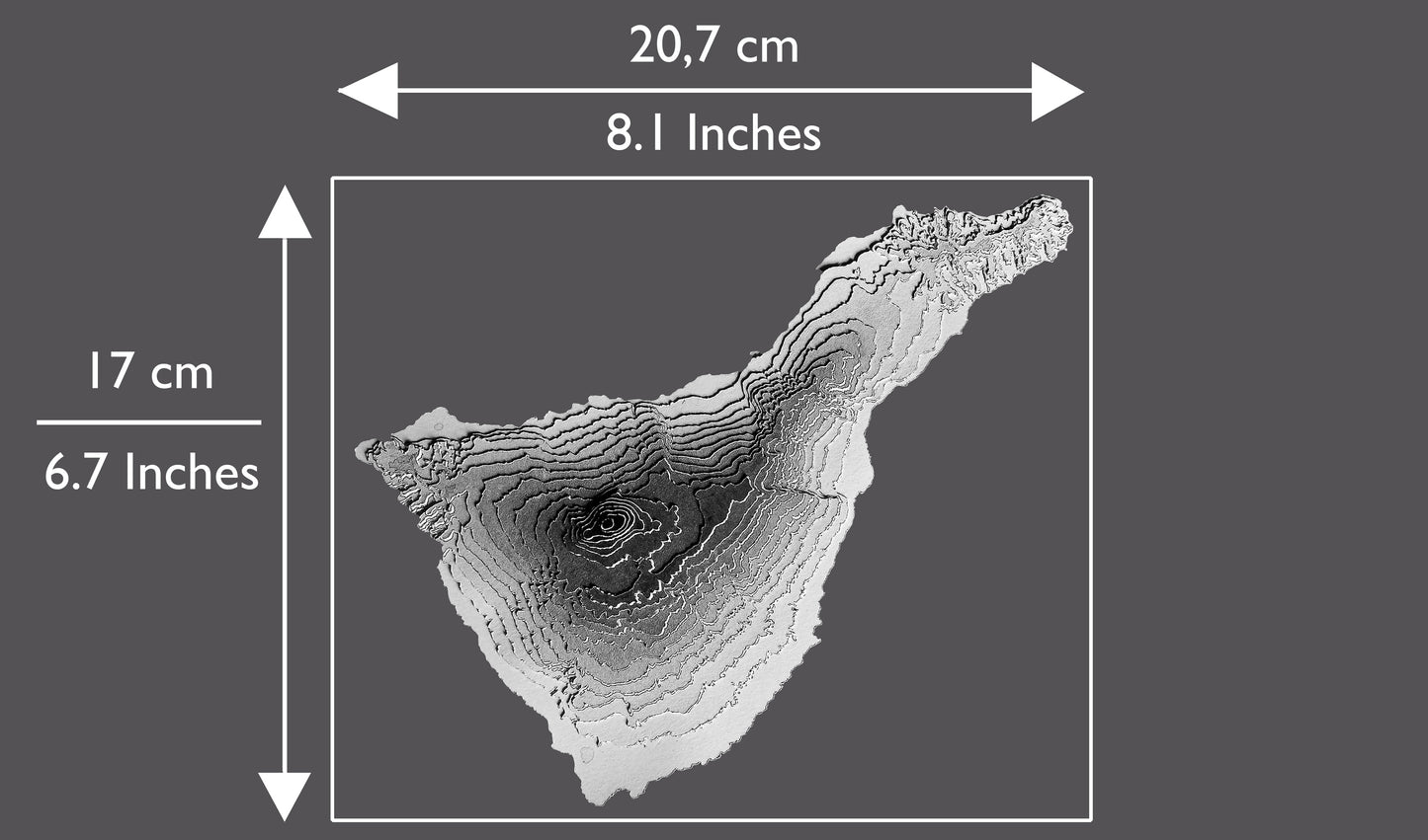 The 3d raised relief print of Tenerife is glued onto an anthracite grey (nearly black) cardstock that has an A4 size (slightly taller and narrower than Letter Size). The island itself is approximately 20,7 cm (8.1 Inches) wide and 17 cm (6.7 Inches) in height and is landscape oriented.