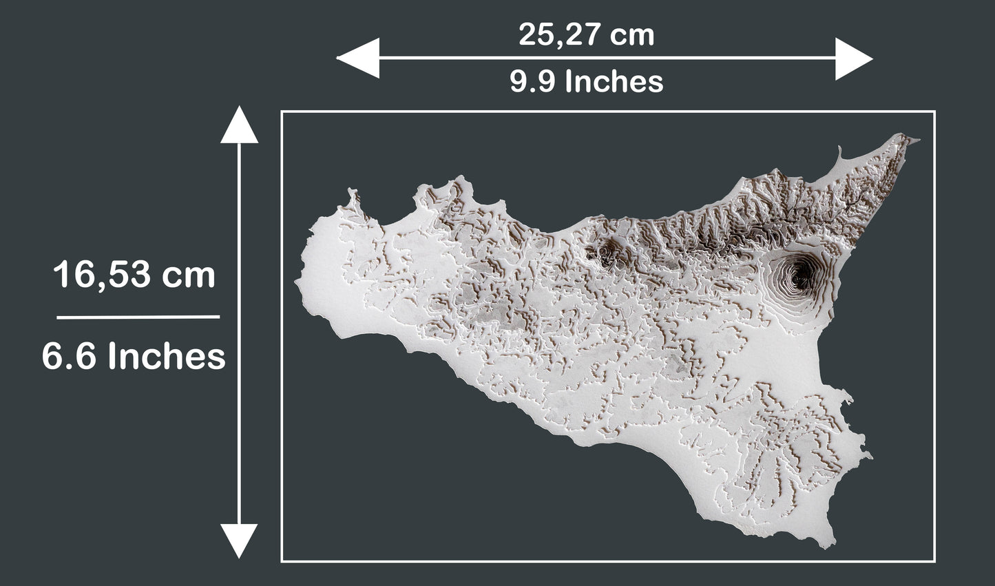 An image of the 3D raised relief map of the island of Sicily in Italy showing the detailed measurements. The width of the map itself is 25,27 centimetres (9.9 inches) and the height is 16,53cm (6.6 inches).
