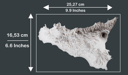 An image of the 3D raised relief map of the island of Sicily in Italy showing the detailed measurements. The width of the map itself is 25,27 centimetres (9.9 inches) and the height is 16,53cm (6.6 inches).
