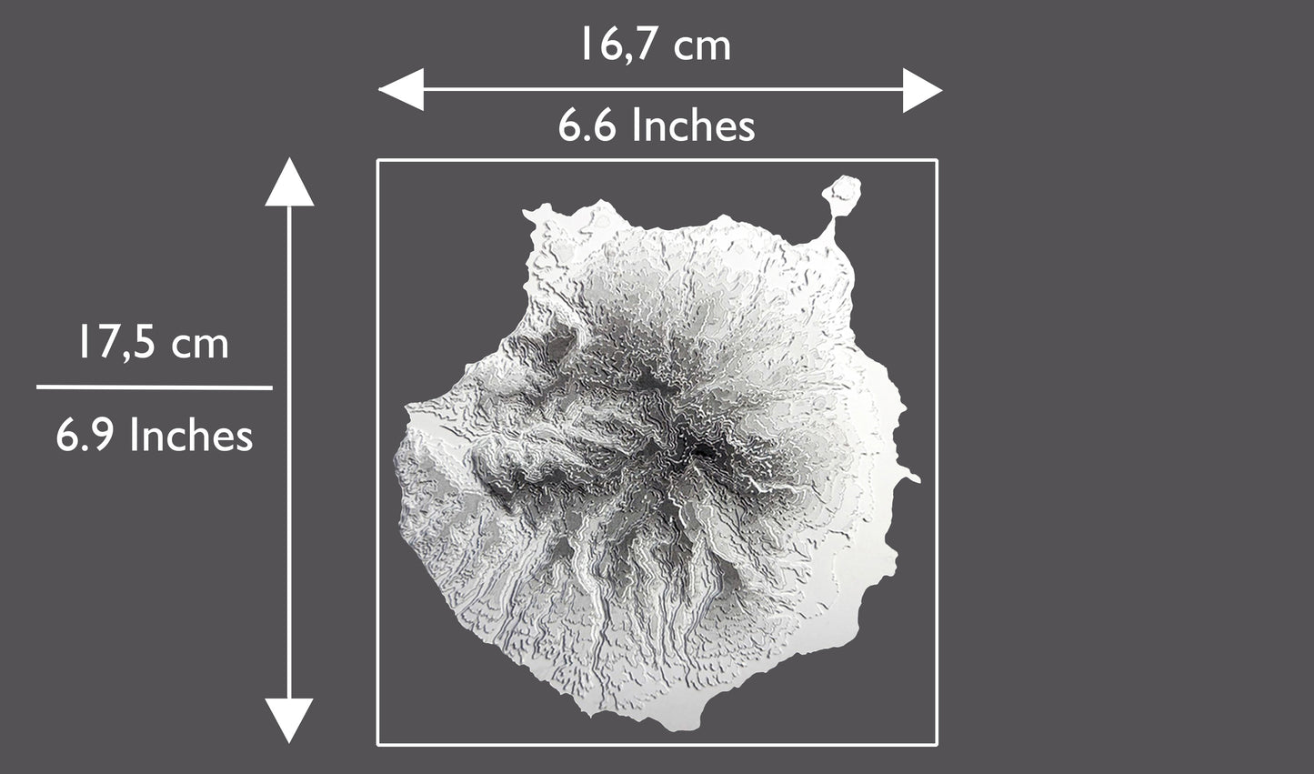 The Contour Raised Relief map of Gran Canaria is set on an A4 sized(slightly taller and narrower than Letter Size) anthracite grey cardstock. The map itself measures 16,7 cm in width (6.6 Inches) and 17,5 cm in width (6.9 Inches). 