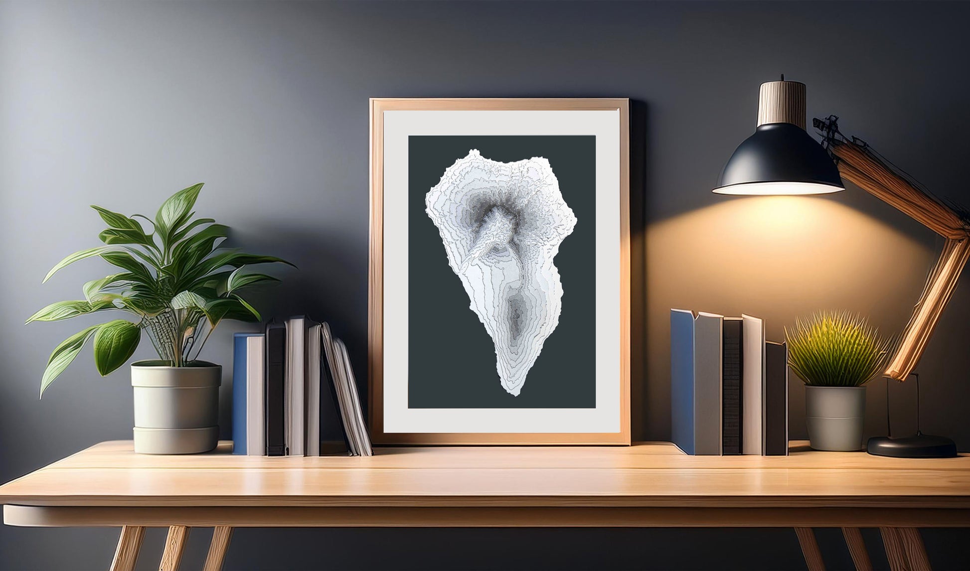 The A4 sized (slightly taller and narrower than Letter Size) 3D map of La Palma has been created using several layers of cardstock. It is portrait oriented and will look good on most walls and in most home decoration styles thanks to its greyscale colour palette.