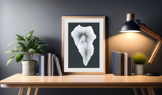 The A4 sized (slightly taller and narrower than Letter Size) 3D map of La Palma has been created using several layers of cardstock. It is portrait oriented and will look good on most walls and in most home decoration styles thanks to its greyscale colour palette.